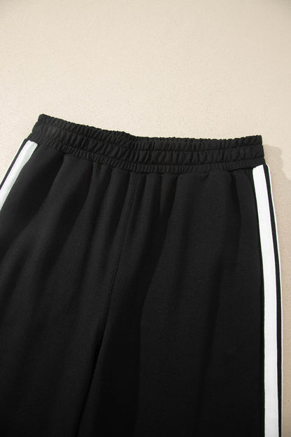 Black Varsity Striped Detail Loose Tee Jogger Pants 2pcs Outfit