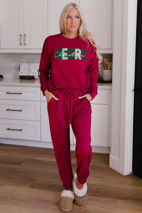 Red MERRY Christmas Pullover and Drawstring Jogger Set