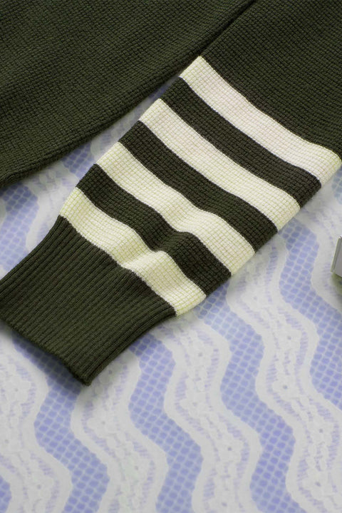 Green Striped Sleeve Plain Knit Sweater
