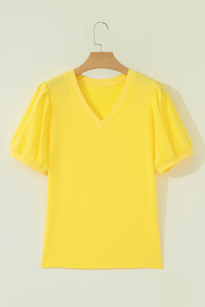 Yellow Solid Color V Neck Short Puff Sleeve Blouse