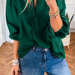 Blackish Green Solid Color Frilled V Neck Bow Detail 3/4 Sleeve Blouse