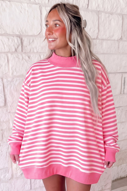 Pink Stripe Cozy Mock Neck Oversized Tunic Sweatshirt