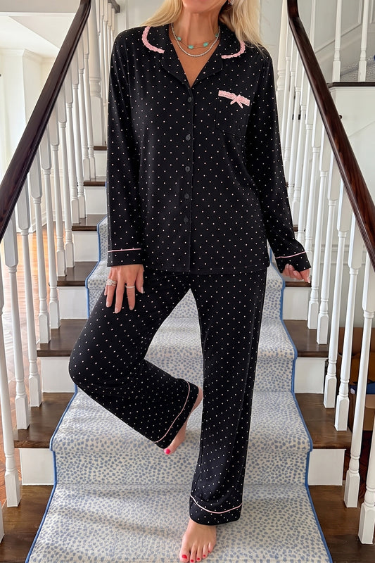 Black Polka Dot Long Sleeve Shirt Lace Detail Two Piece Pajama Pant Set