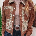 Clay Ribbed Retro Floral Patchwork Shirt Style Jacket