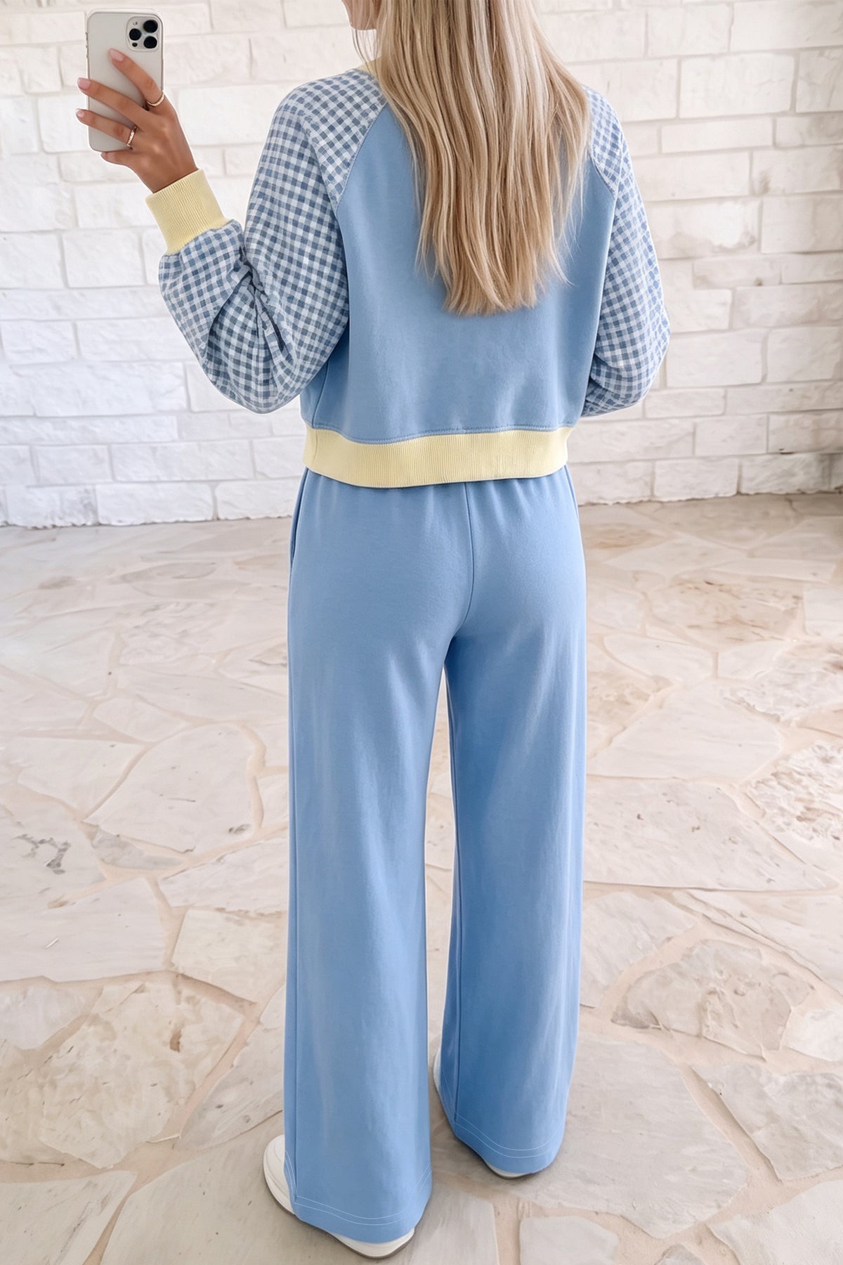 Light Blue Color Block Plaid Raglan Sleeve Patchwork Top Casual 2pcs Pants Set