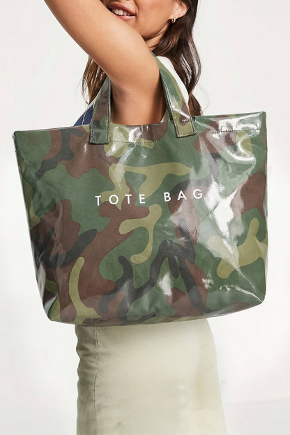 Jungle Green Camouflage Glossy PU Leather Tote Bag