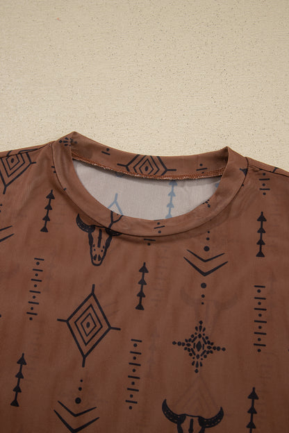Chestnut Retro Western Print Mesh Long Sleeve Sheath Top