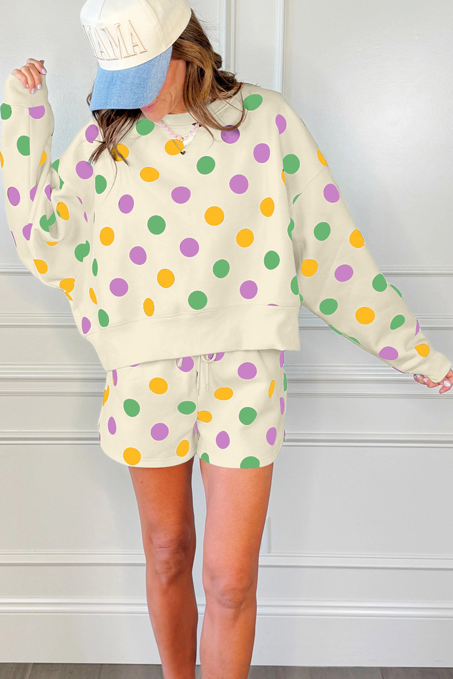 Multicolour Polka Dot Print Drop Shoulder Pullover Drawstring Shorts Set