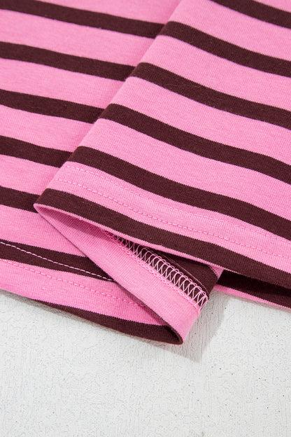 Pink Stripe V Neck Long Sleeve Drop Shoulder Blouse