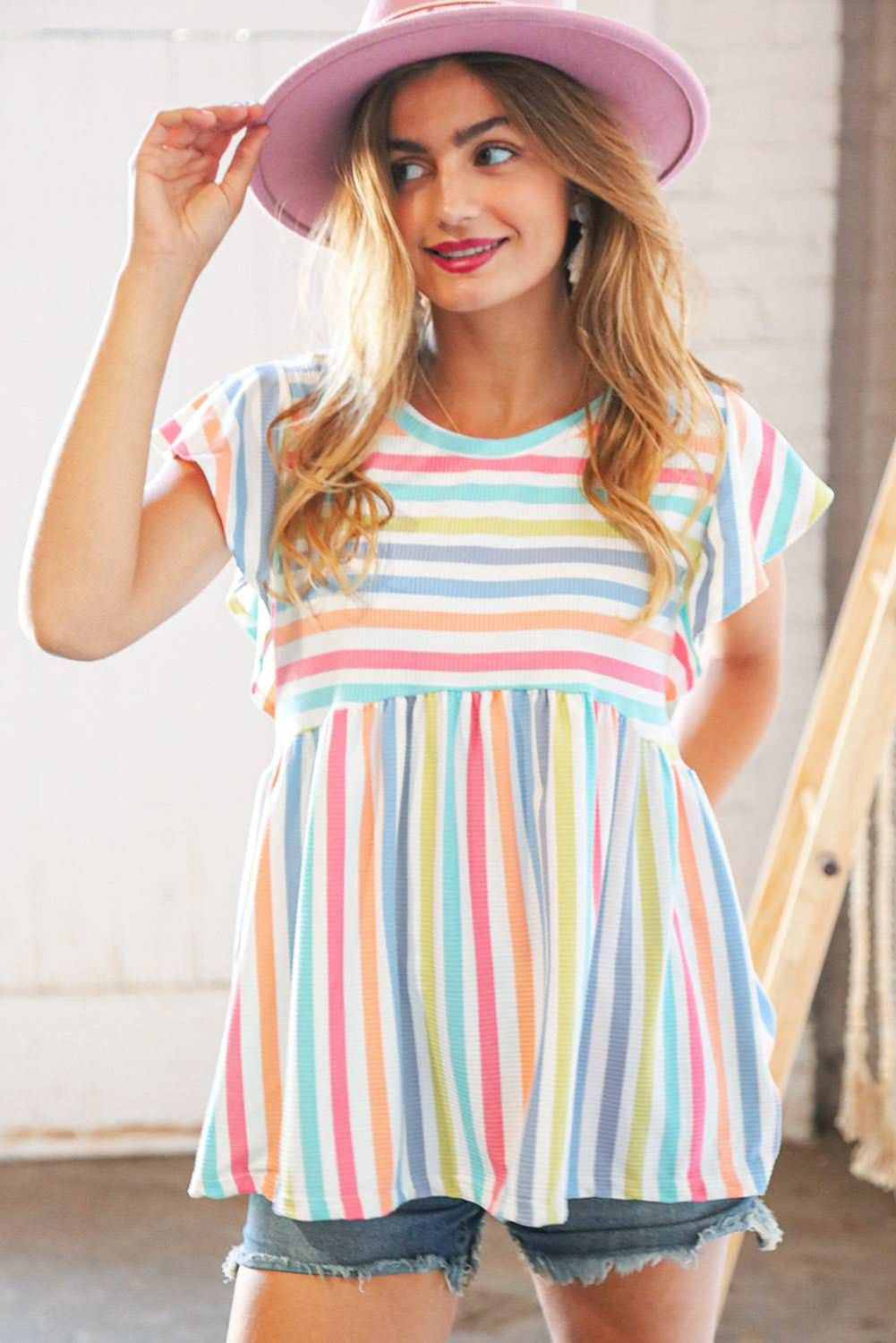 Multicolor Stripe Print Textured Knit Babydoll Blouse