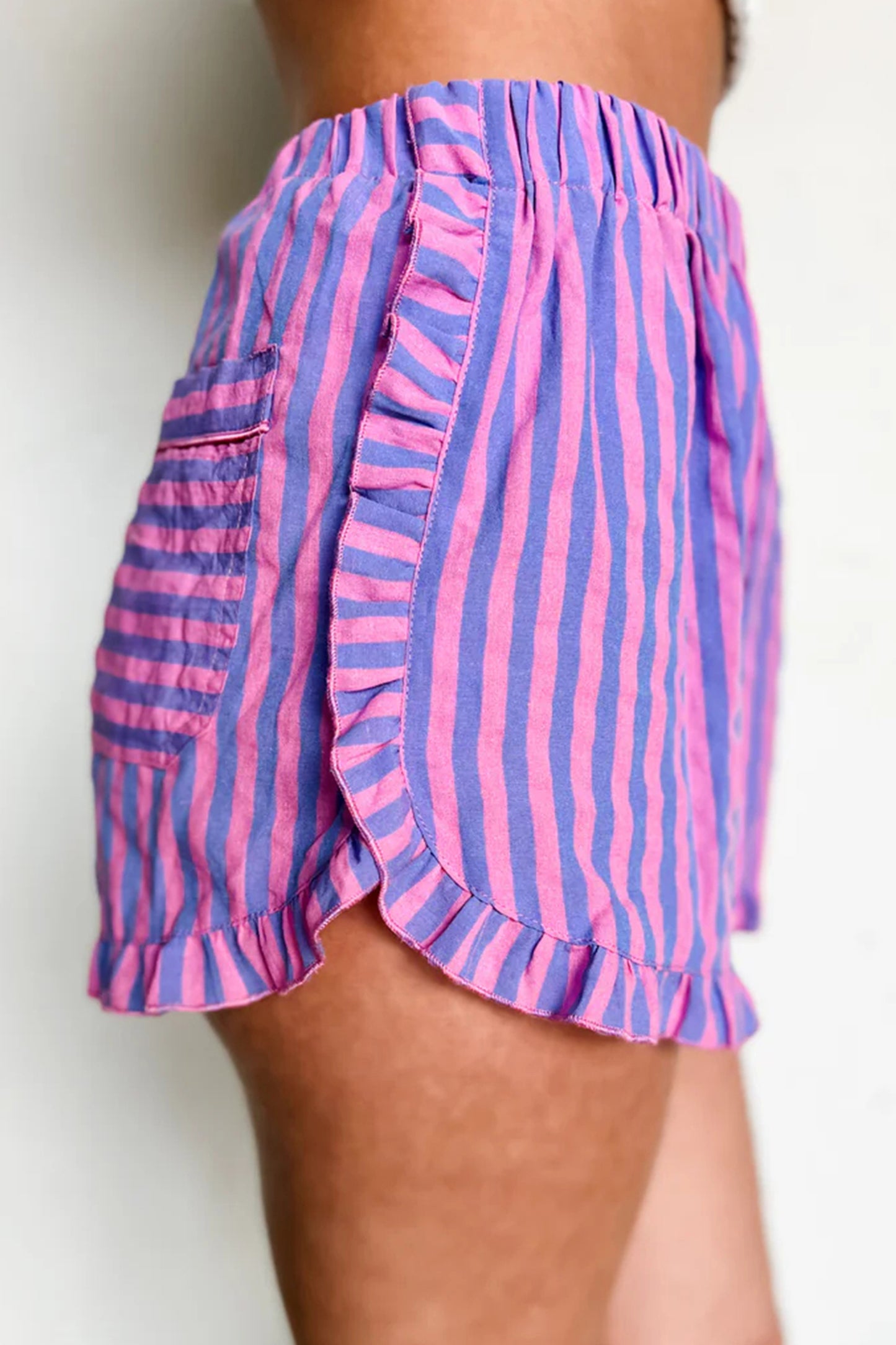 Sky Blue Stripe Elastic Waist Ruffle Trim Casual Shorts