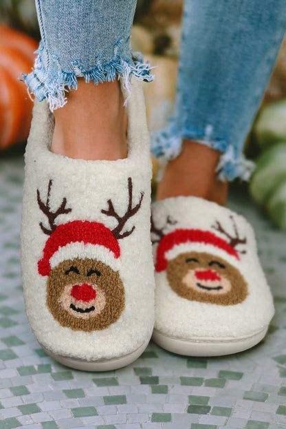 Pantuflas de felpa para interiores con diseño de ciervo navideño blanco 