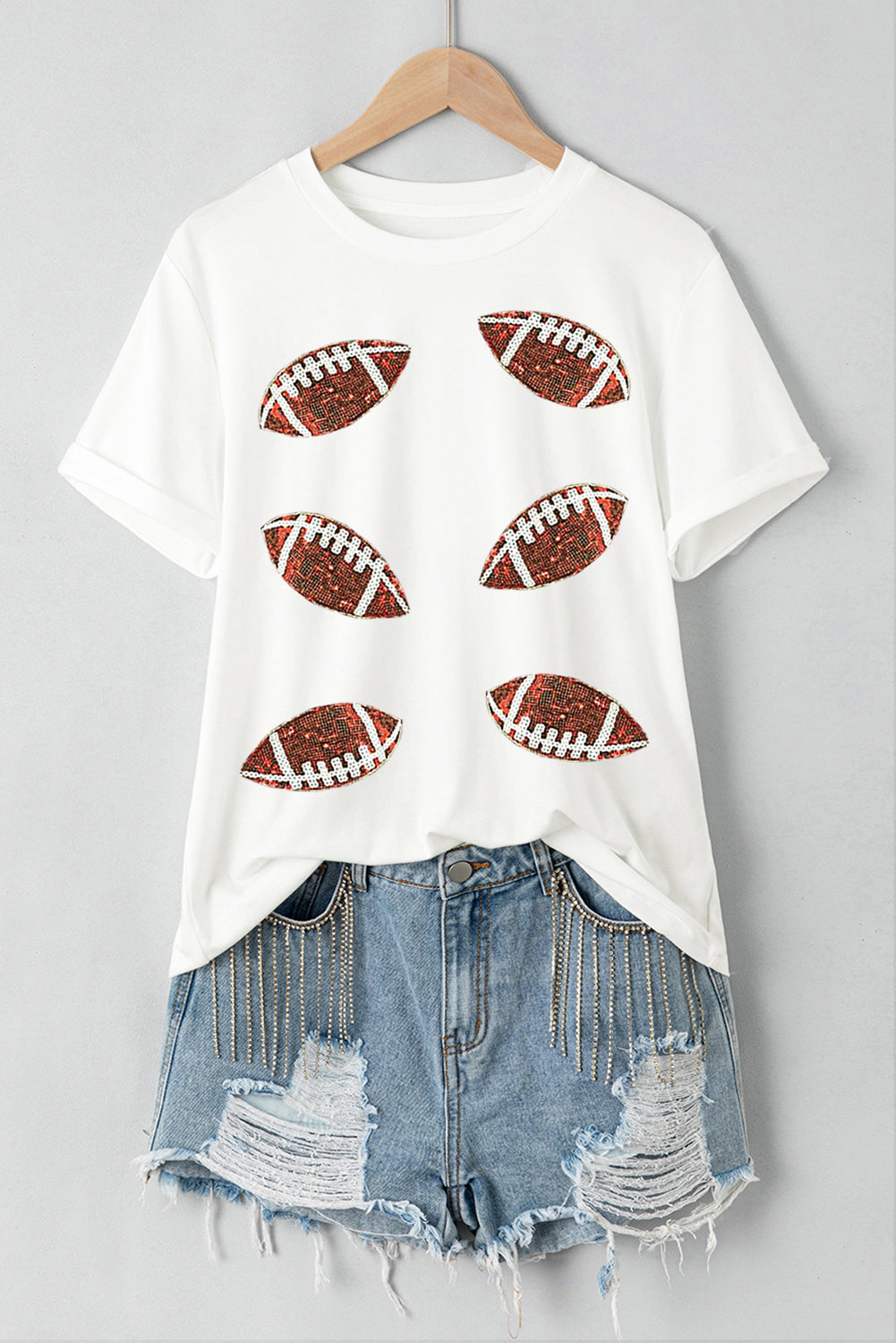 T-shirt blanc en coton à paillettes et motif rugby