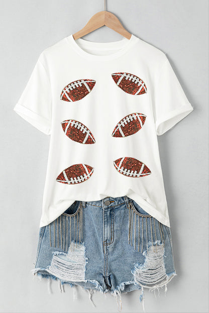 T-shirt blanc en coton à paillettes et motif rugby