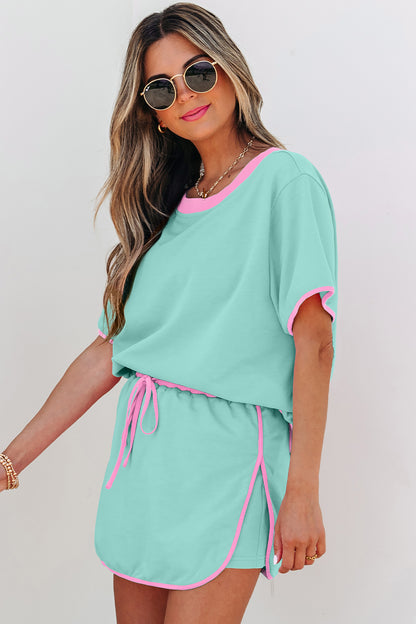 Turquoise Colorblock Edge Drop Shoulder T Shirt and Skort 2Pcs Set