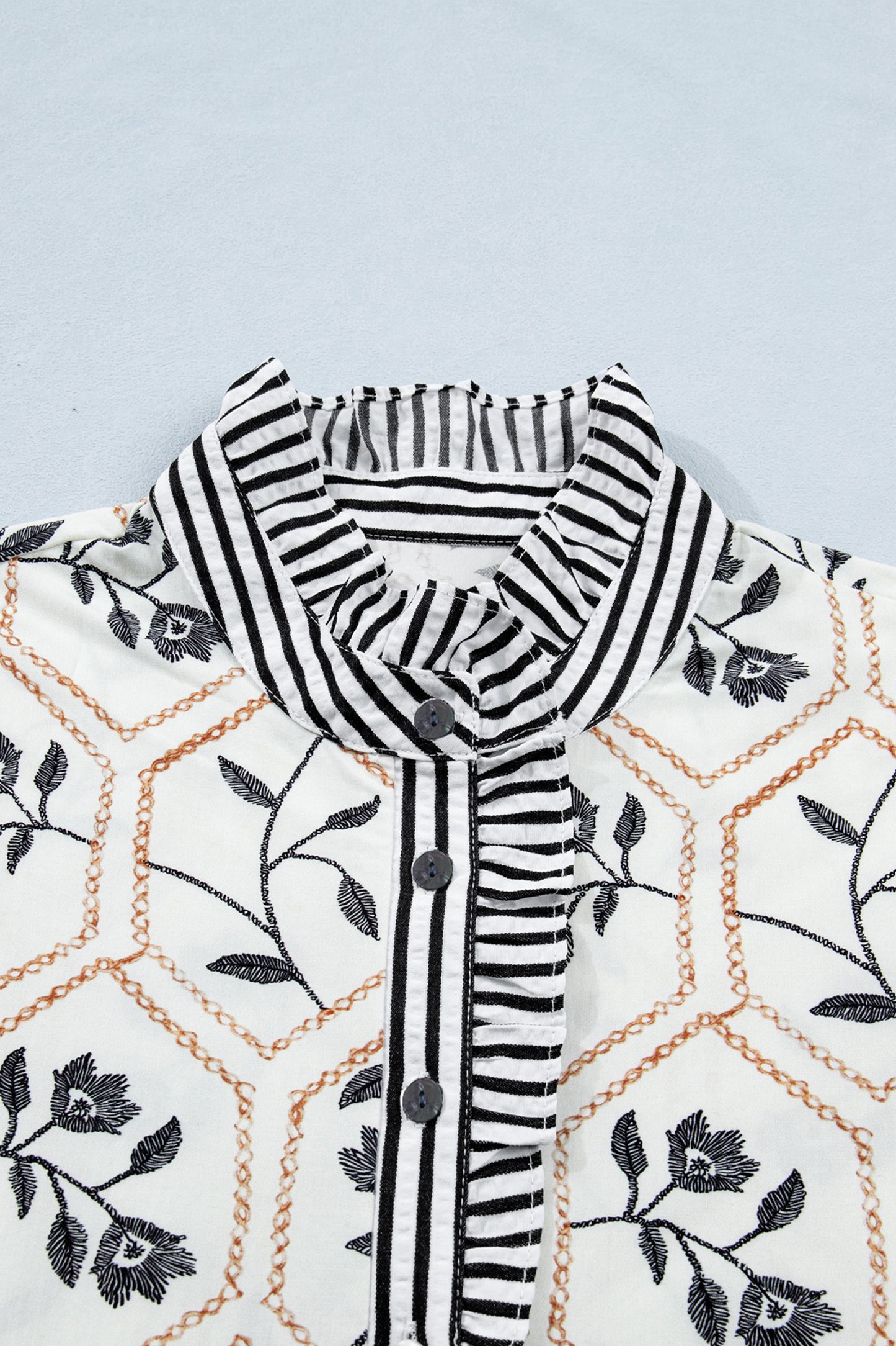 White Floral Print Striped Patchwork Button Neck Short Sleeve Blouse