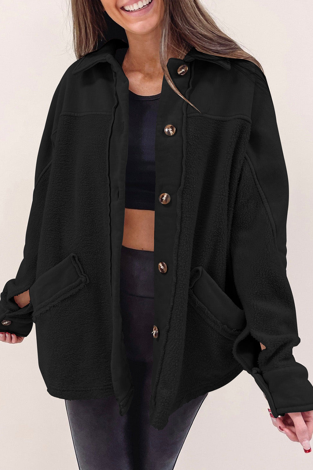 Beige Button-Up Stitching Pocket Raw Hem Shacket