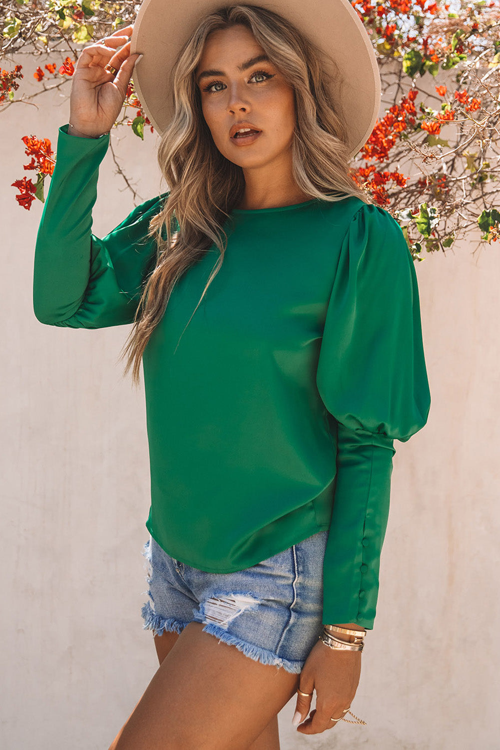 Satin Buttoned Cuffs Puff Sleeve Top