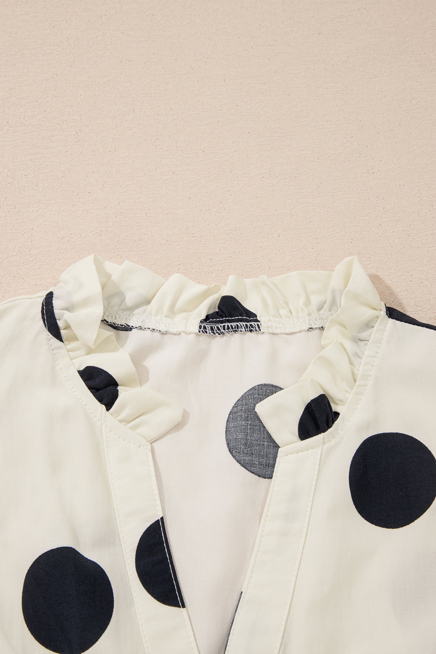 Apricot Casual Polka Dot V-Neck Ruffle Short Sleeve Shift Blouse