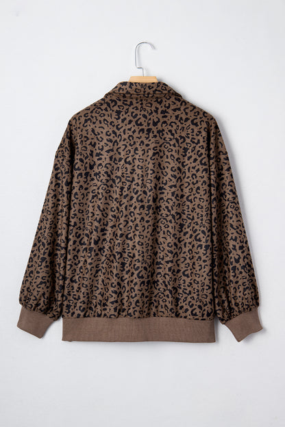 Brown Leopard Print Quarter Zip Corduroy Sweatshirt