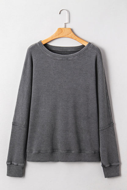 Dark Brown Waffle Knit Patchwork Long Sleeve Loose Top