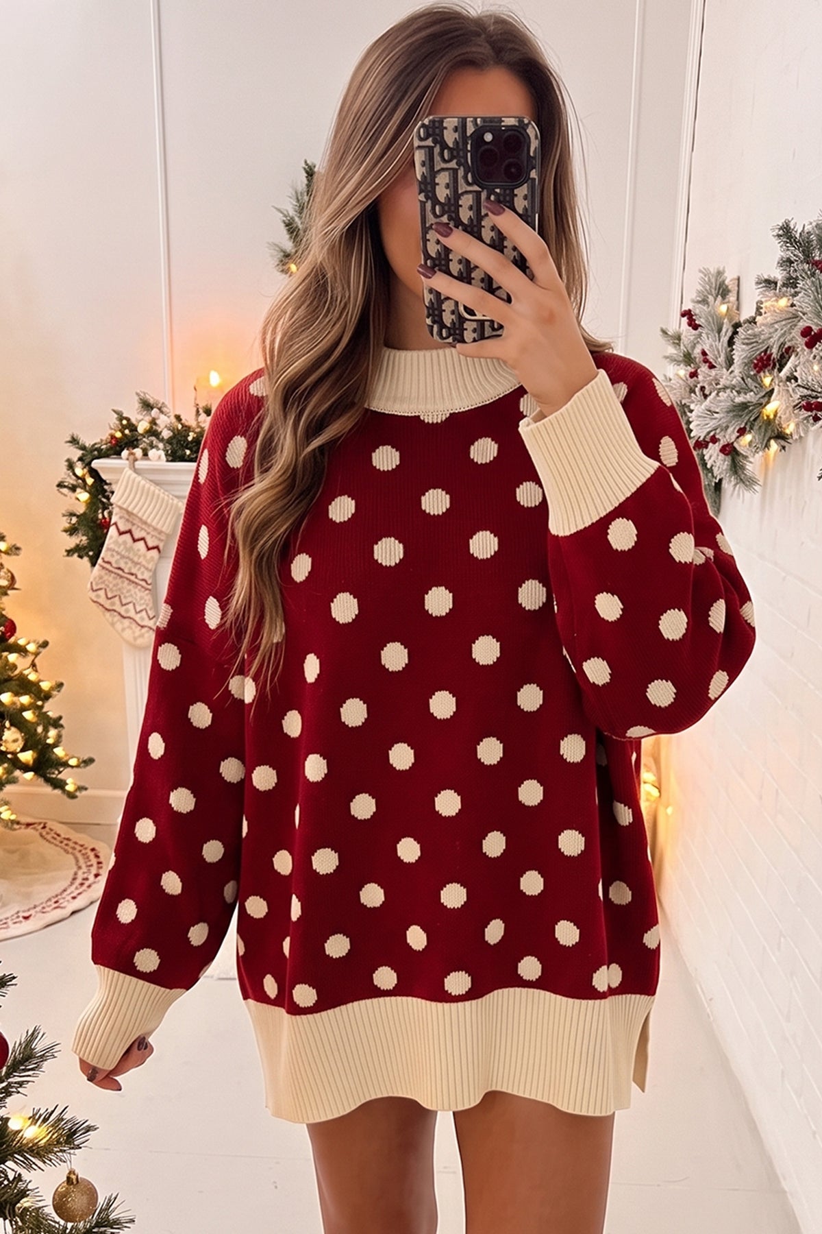 Red Polka Dot Pattern Ribbed Colorblock Trim Split Tunic Sweater