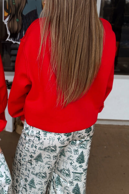 Fiery Red MERRY/CHRISTMAS Reversible Print Mock Neck Baggy Pullover Sweatshirt