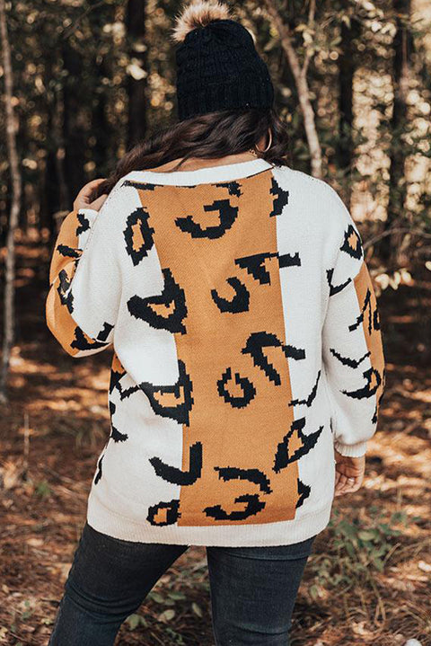 Leopard Print Colorblock Drop Shoulder Plus Size Sweater