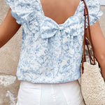 Sky Blue Floral Ruffled Short Sleeve Bow Back Square Neck Blouse