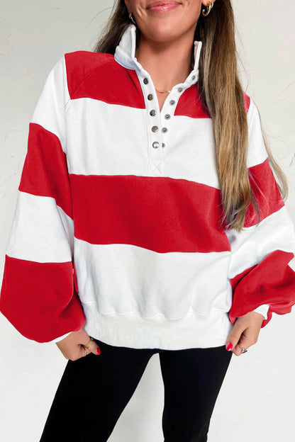 Fiery Red Striped Color Block Button V Neck Puff Sleeve Casual Sweatshirt