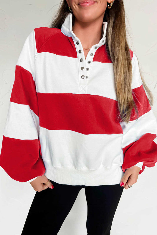 Fiery Red Striped Color Block Button V Neck Puff Sleeve Casual Sweatshirt