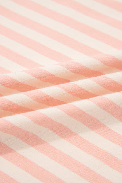 Pink Stripe Contrast Neck Loose Tee and Drawstring Shorts Set