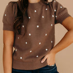 Chestnut Elegant Polka Dot Bubble Short Sleeve Sweater