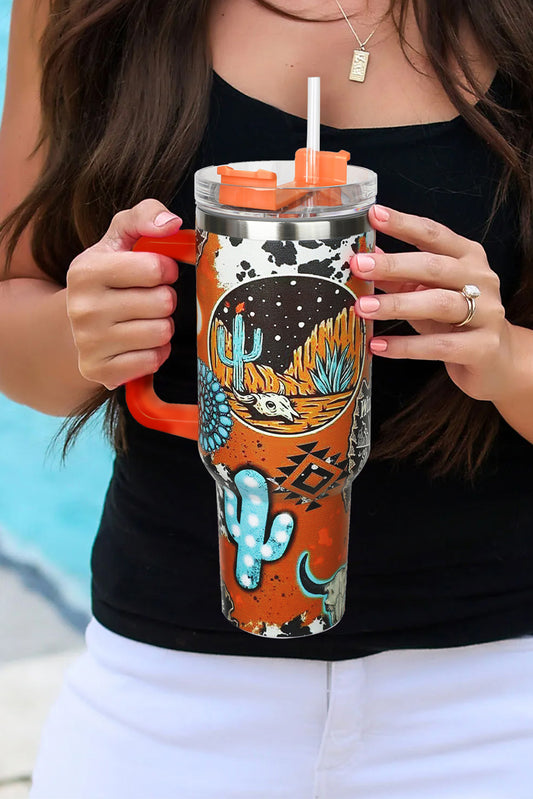 Orange Western Graphic Handled Stainless Tumbler with Straw