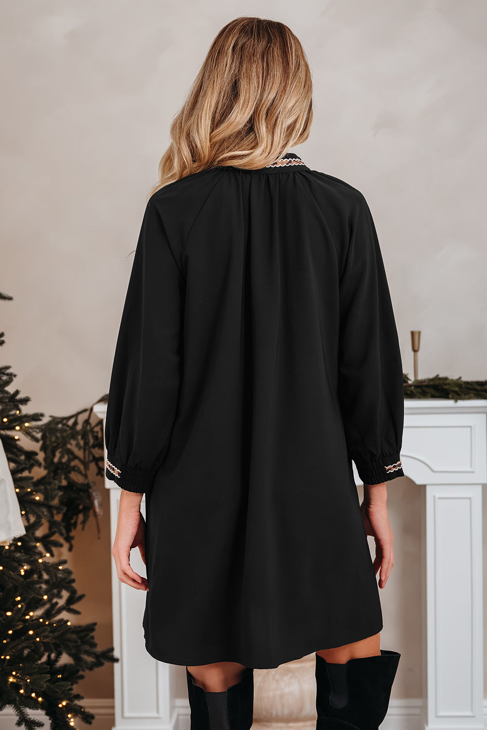 Black Contrast Trim V Neck Bracelet Sleeve Shift Mini Dress Black / M / 100%Polyester Black Contrast Trim V Neck Bracelet Sleeve Shift Mini Dress Black / M / 100%Polyester