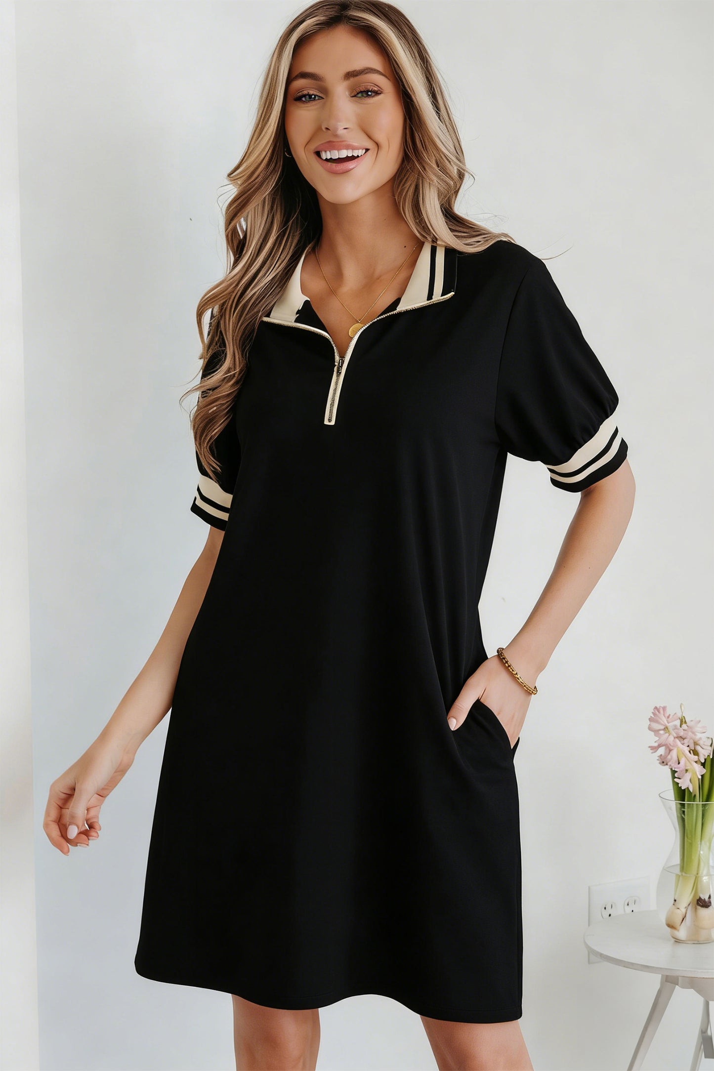 Black Striped Webbing Trim Preppy Polo Tee Dress
