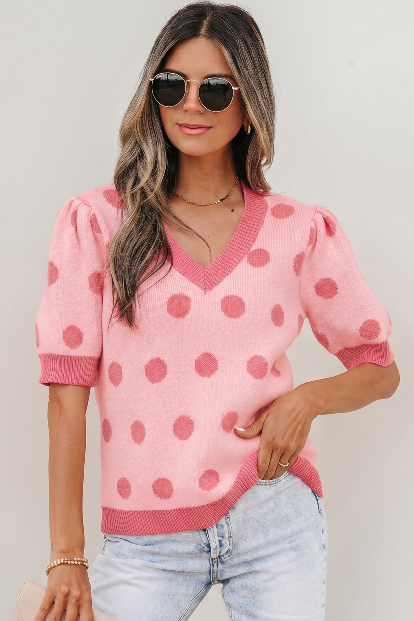 Light Blue Polka Dot Puff Short Sleeve Sweater Top