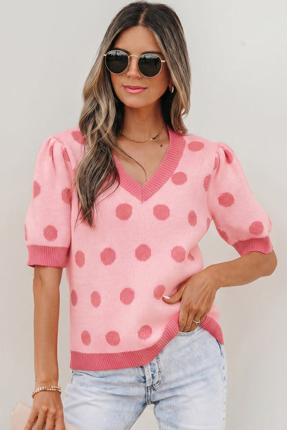 Light Blue Polka Dot Puff Short Sleeve Sweater Top