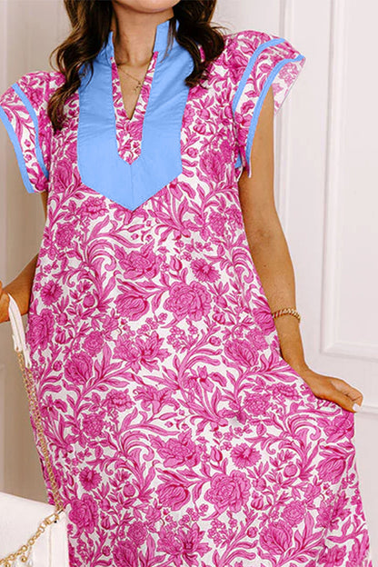 Pink Floral Print Color Block Patchwork V Neck Short Sleeve Midi Dress