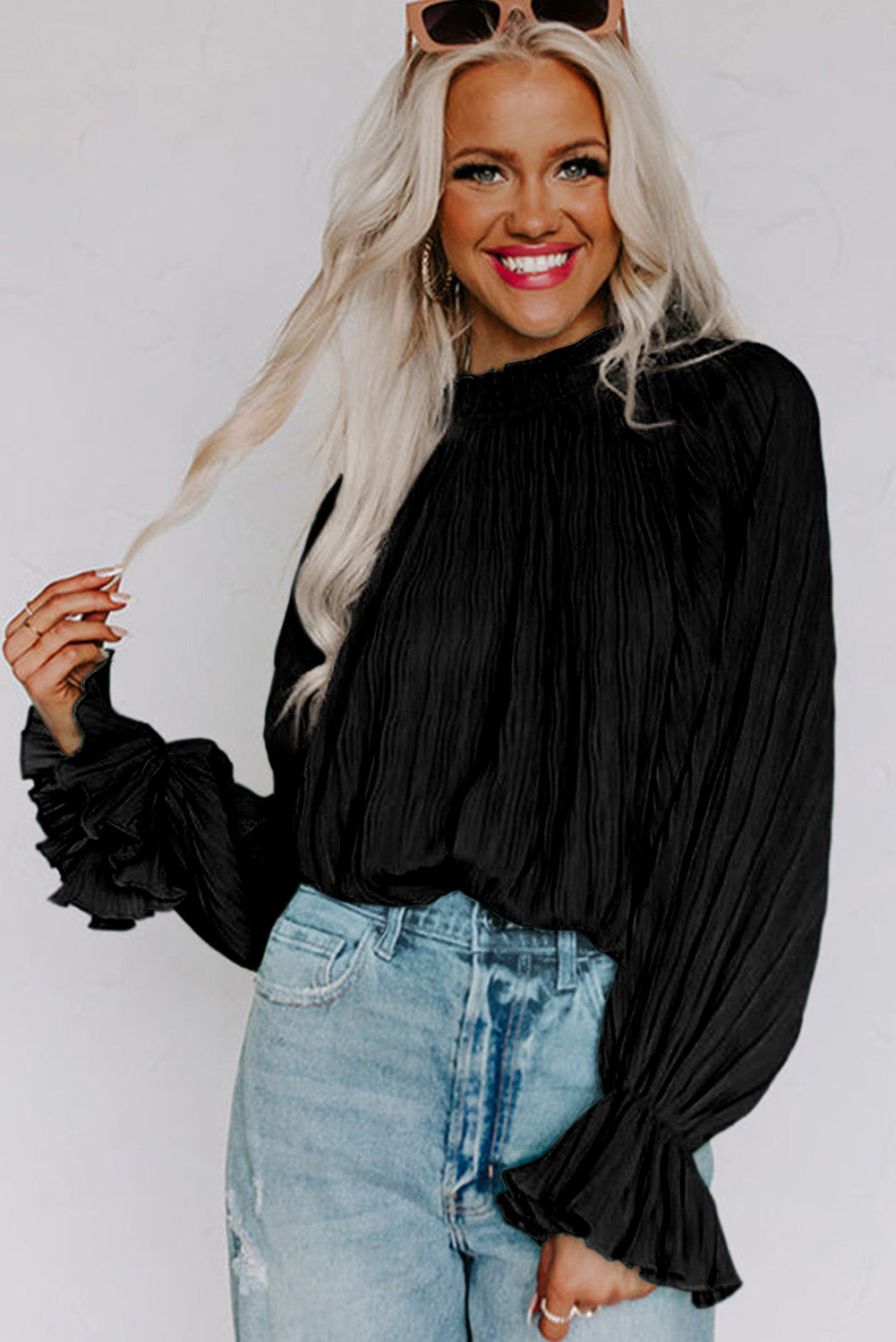 Blusa de manga larga con puños acampanados plisados ​​llamativos verde 