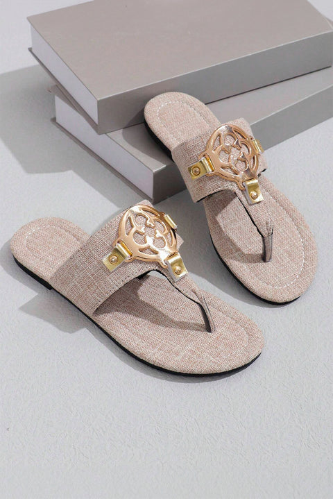 Beige Metal Décor Leather Thong Slippers