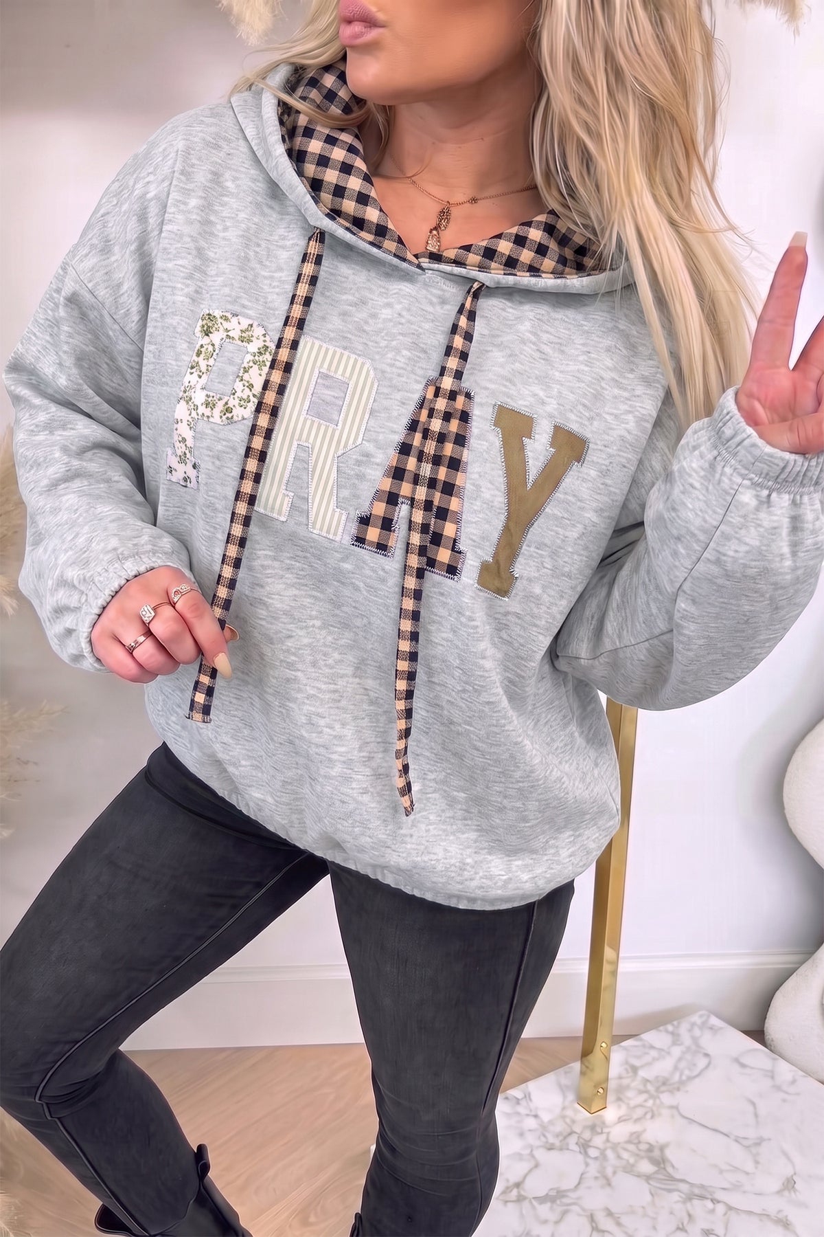 Light Grey PRAY Mix Pattern Letter Graphic Plaid Contrast Drawstring Hoodie