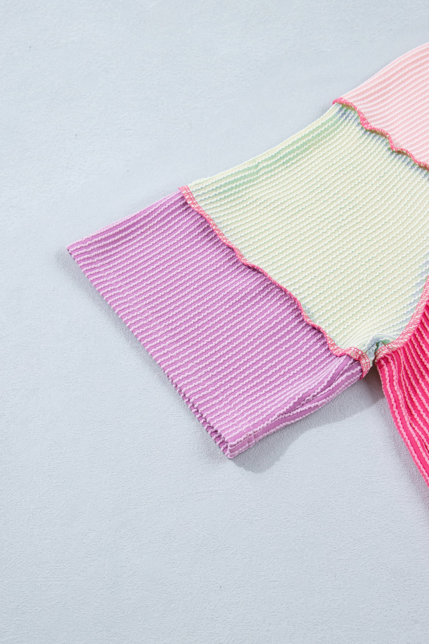 Bright Pink Plus Size Twisted Rib Color Block Patchwork Short Sleeve Henley Top