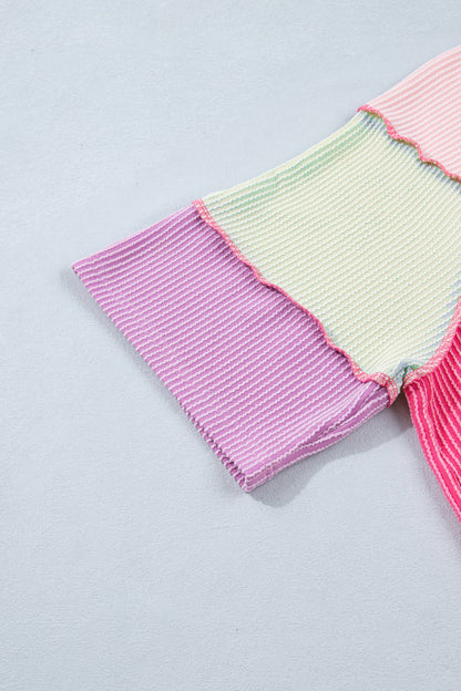 Bright Pink Plus Size Twisted Rib Color Block Patchwork Short Sleeve Henley Top