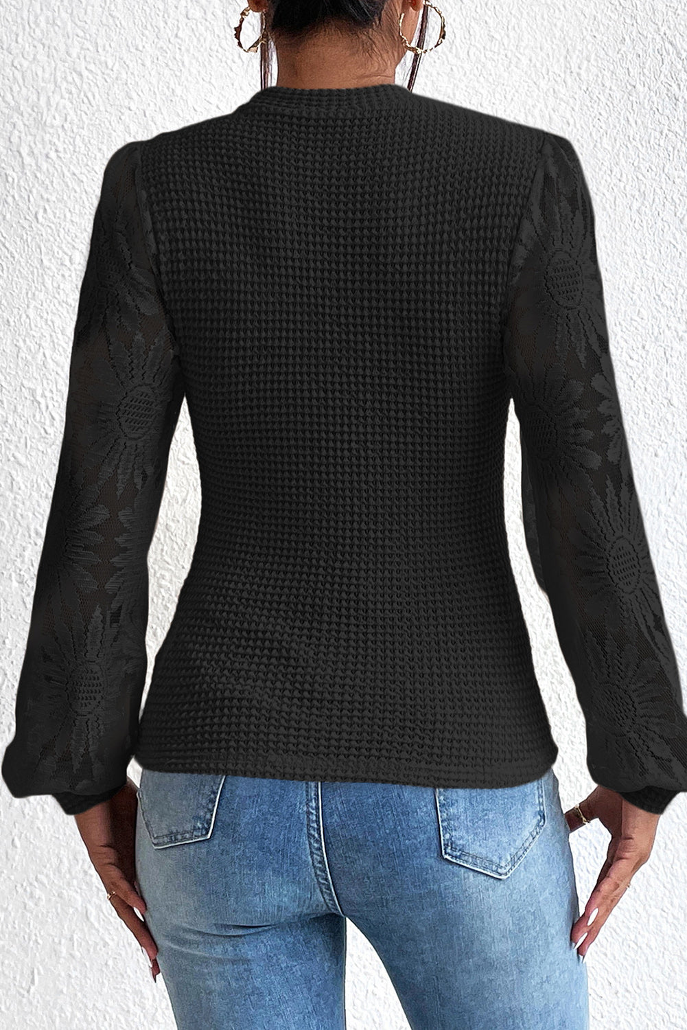 Haut en maille gaufrée beige à manches bouffantes et imprimé tournesol 