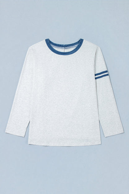 Gray Plus Size Colorblock Detail Round Neck Long Sleeve Top