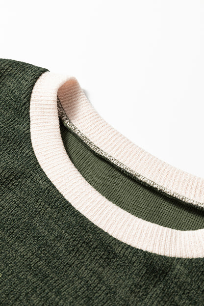 Four Leaf Clover Contrast Color Trim Knit Drop Shoulder Loose Top