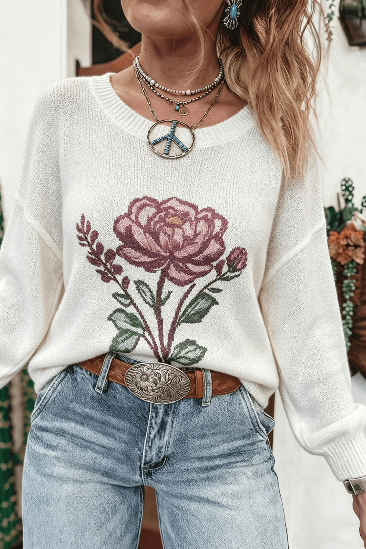 White Western Floral Dropped Shoulder Lightweight Knit Sweater