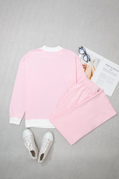 Pink Stripe Color Block Trim Mock Neck Pullover Drawstring Pants Casual Outfit