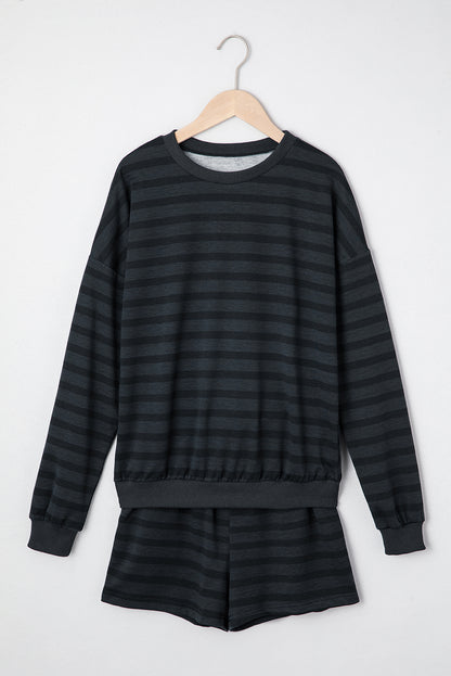 Gray Printed Leopard Long Sleeve Satin Tie Shorts Two Piece Set